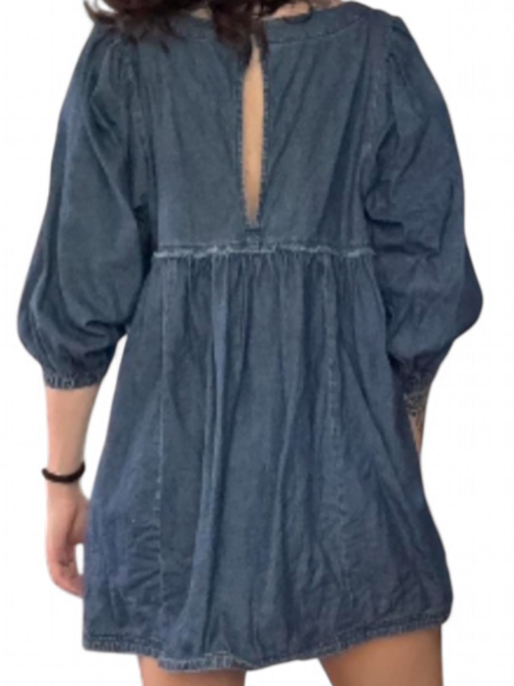 Free People Get Obsessed Denim Mini Dress Puff Sleeve Babydoll Dress - Picture 5 of 5